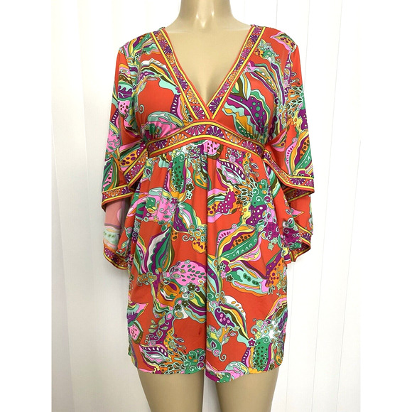 Trina Turk Swim Cover Up Mini Dress Flutter Sleeve V Neck Tunic Orange F… - Picture 2 of 6